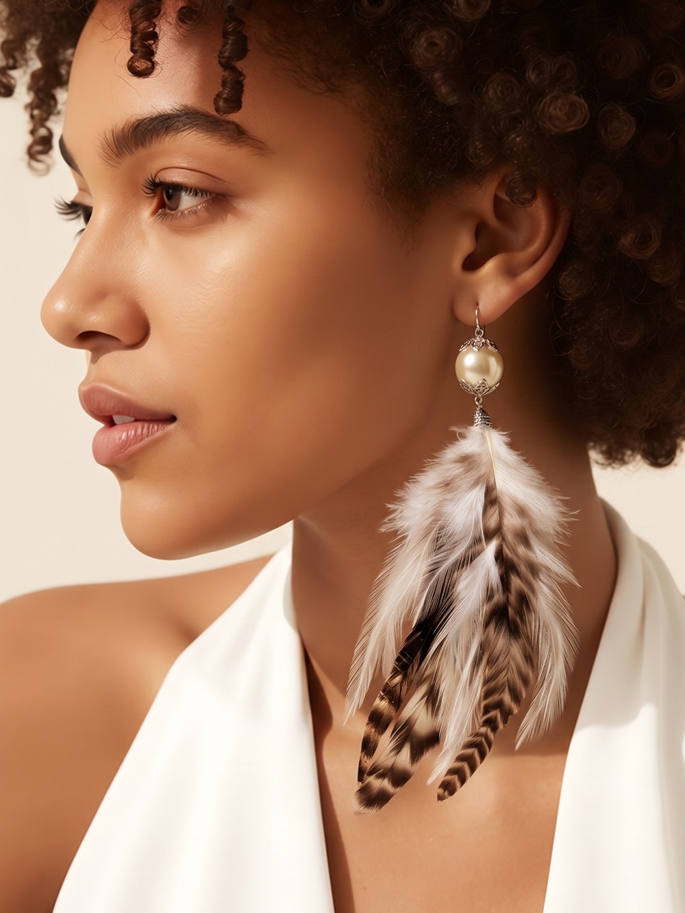 A Rare Bird White & Brown Feather Earrings with Pearl Accent NEW FALL WINTER